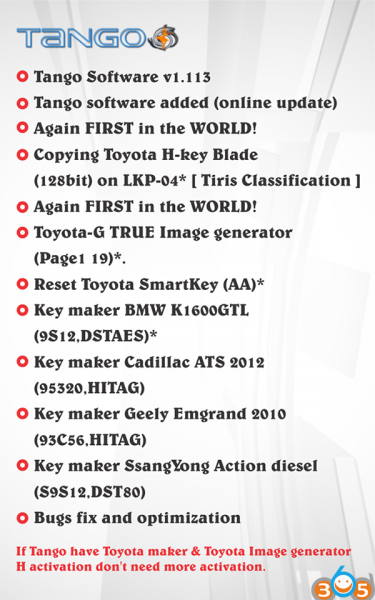 
			Original Tango V1.113 adds Toyota H 128bit and G TRUE Image generator		