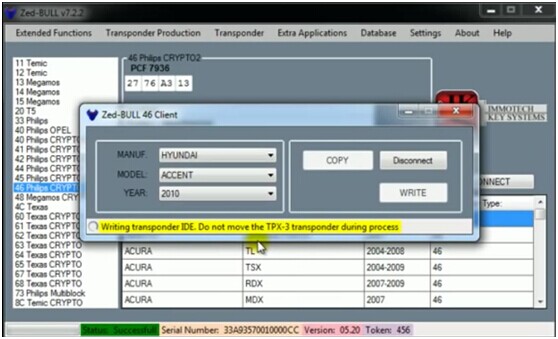 
			Zed-Bull Key Programmer copy ID46 to a TPX3 Transponder		