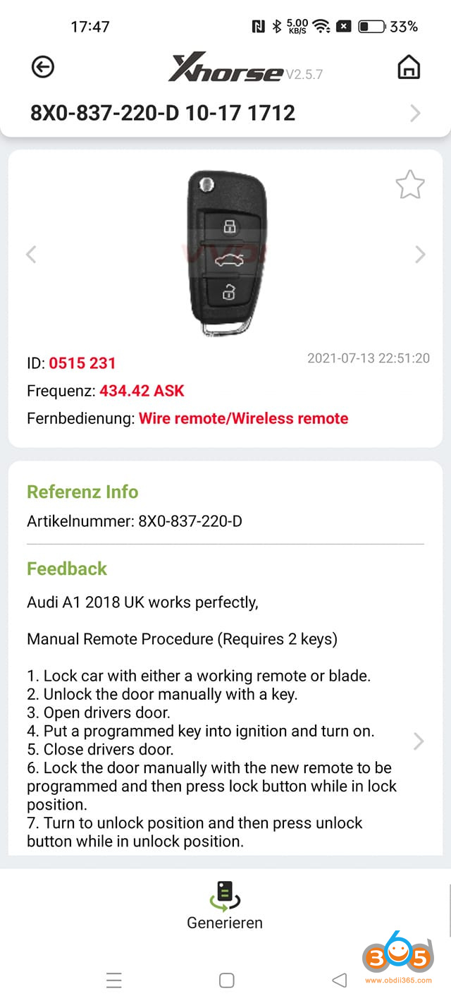 Audi A1 2013 Remote Xhorse