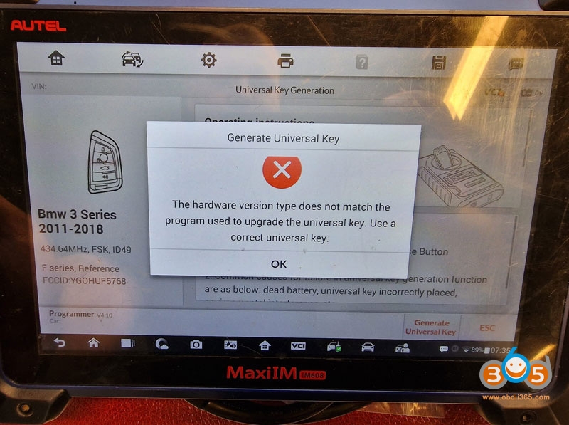 
			Autel Universal Key “Hardware Version Type Not Match ” Solution		