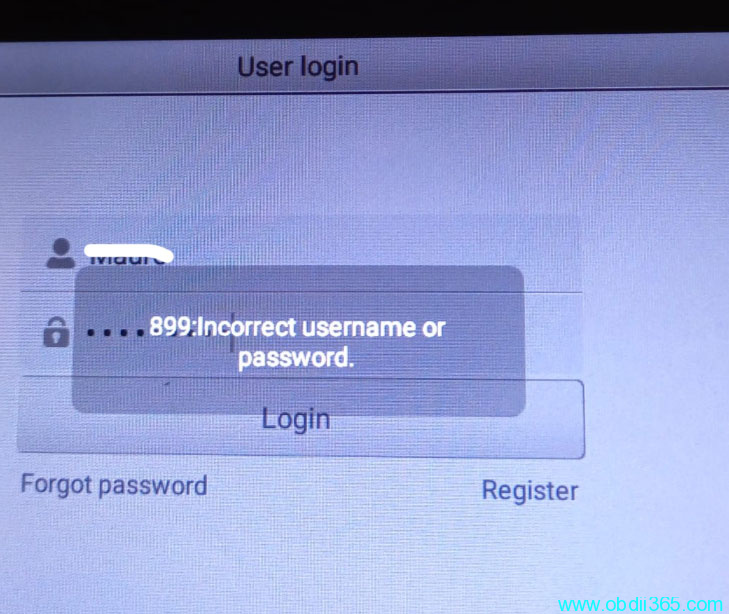 Obdstar 899 Incorrect User Name 1